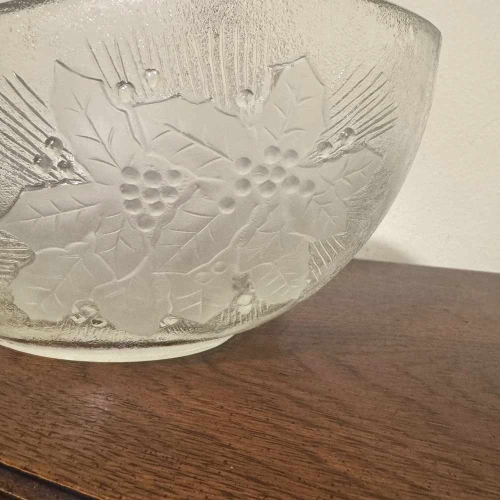 Vtg Frosted Clear Glass Holiday Basket Holly Berry Christmas Bells Woven Handle
